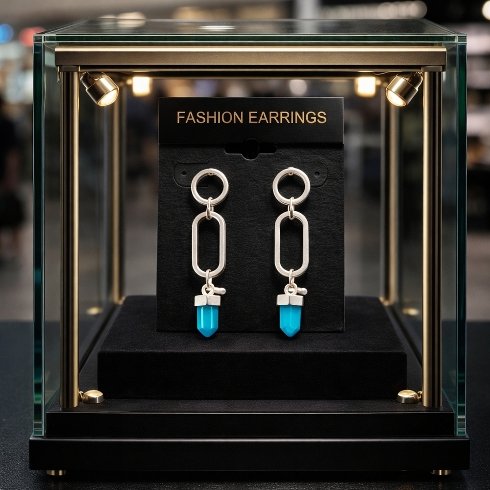 Silver chain dangly earrings with blue stone